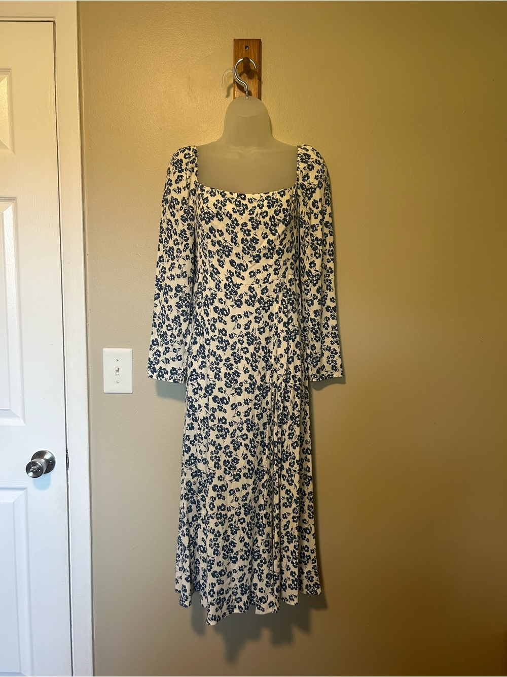 Reformation Cream Dress with Blue Floral Print, Long Sleeve Midi